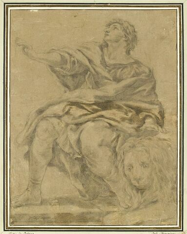 Saint Daniel assis,une main sur la tête d'un lion, regardant vers le ciel, image 1/2