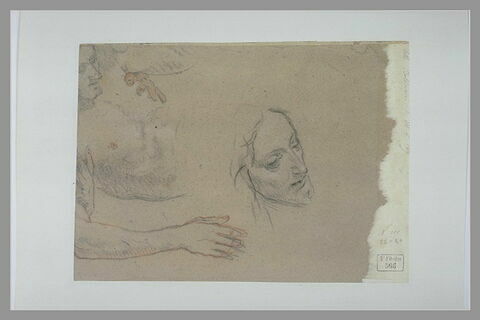 Etude d'homme nu en buste, couché, appuyé sur son avant-bras droit ; étude de tête de trois-quarts à droite, le regard baissé, image 1/2