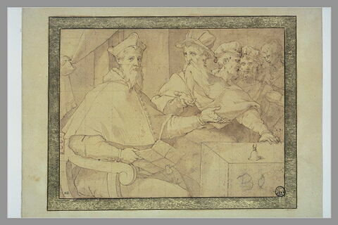 Un cardinal assis, tenant une lettre, et quatre personnages près de lui, image 2/2