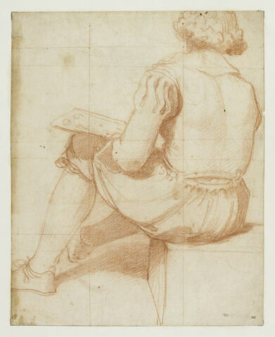 Jeune homme assis, de dos, une palette à la main