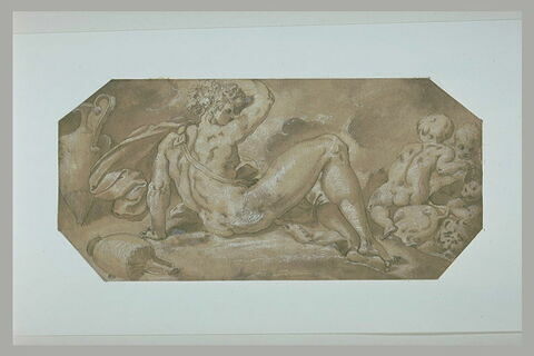 Bacchus enivré, couché à terre, avec trois enfants montés sur des lions
