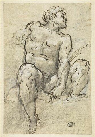 Homme nu, assis sur des nuages, les jambes écartées..., image 1/2