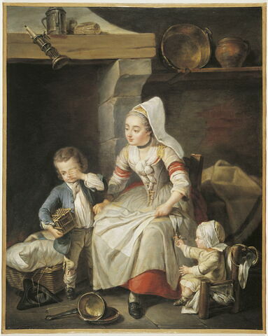 Une Mère (en costume de Cauchoise) dans sa cuisine avec deux de ses enfants