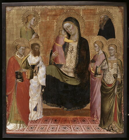 La Vierge et l'Enfant avec six saints : Laurent, Barthélemy, Madeleine, Catherine (?), Lucie (?), Antoine abbé., image 1/2
