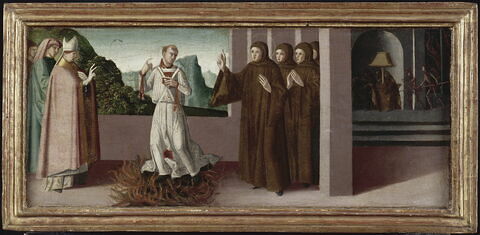 Trois scènes de la vie de saint Jean Gualbert : En présence de saint Jean Gualbert, le bienheureux Petrus Igneus subit l'ordalie du feu contre l'archevêque de Florence.
