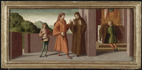 Trois scènes de la vie de saint Jean Gualbert : Jean Gualbert prend l'habit monastique malgré la volonté de son père.