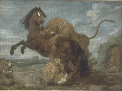 Un Cheval attaqué par des lions