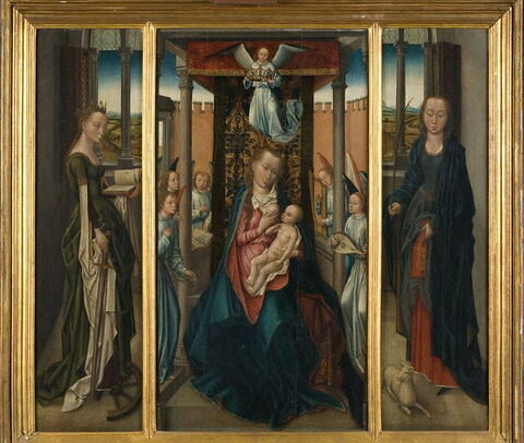 Tryptique : la Vierge trônant parmi les anges, sainte Catherine et sainte Agnès