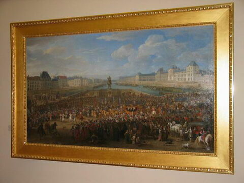 Marche du roi accompagné de ses gardes passant sur le Pont-Neuf et allant au Palais