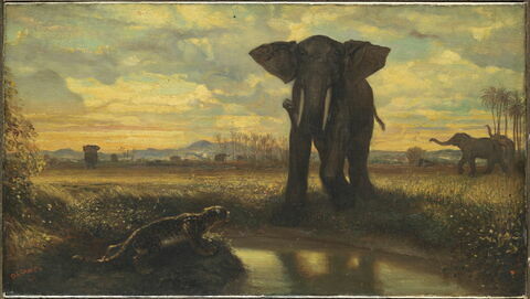 Tigre et éléphant à la source, dit aussi Le désert indien., image 1/2