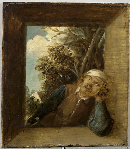 Le Toucher, figure d'homme dans l'embrasure d'une fenêtre rustique, sur fond de paysage