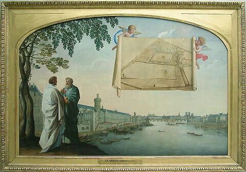 Vue de Paris avec le plan de la Chartreuse de Paris porté par deux angelots, image 4/4