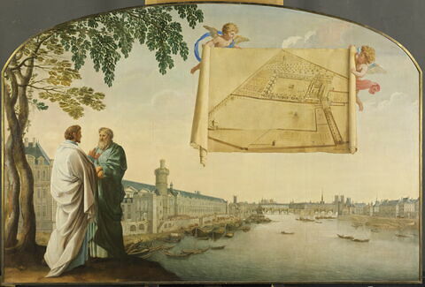 Vue de Paris avec le plan de la Chartreuse de Paris porté par deux angelots