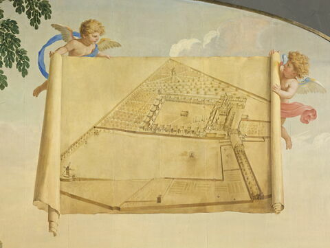 Vue de Paris avec le plan de la Chartreuse de Paris porté par deux angelots, image 2/4