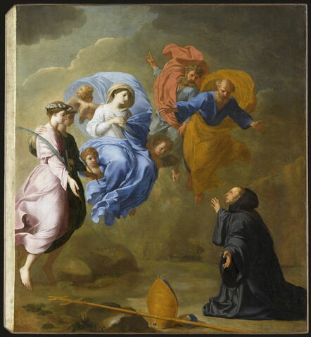 Apparition de la Vierge, accompagnée de sainte Agnès, sainte Thècle, saint Pierre et saint Paul à saint Martin, image 1/3