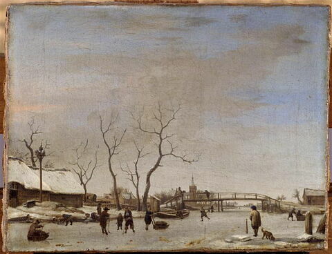 Canal (ou rivière?) gelé avec patineurs et joueurs de hoquet, image 4/5
