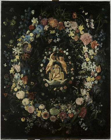 Guirlandes de fleurs entourant un médaillon représentant le triomphe de l'Amour, image 1/4