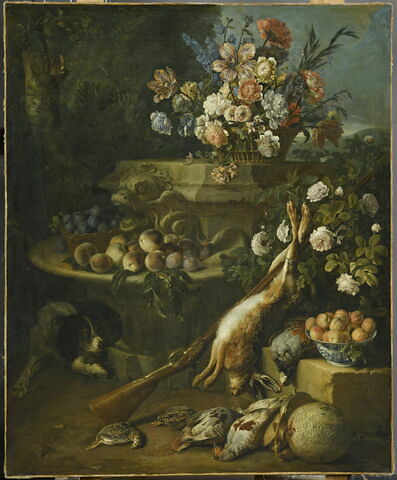 Gibier, fleurs, fruits et un chien., image 1/2