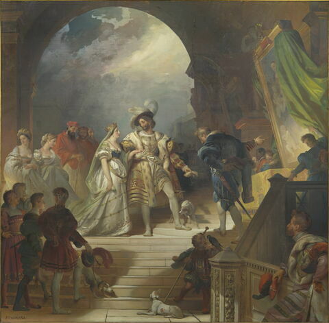 Plafond : François Ier, accompagné de la reine de Navarre, sa soeur, et entouré de sa cour, reçoit les tableaux et les statues rapportés d'Italie par le Primatice