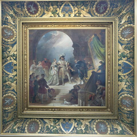 Plafond : François Ier, accompagné de la reine de Navarre, sa soeur, et entouré de sa cour, reçoit les tableaux et les statues rapportés d'Italie par le Primatice, image 2/22