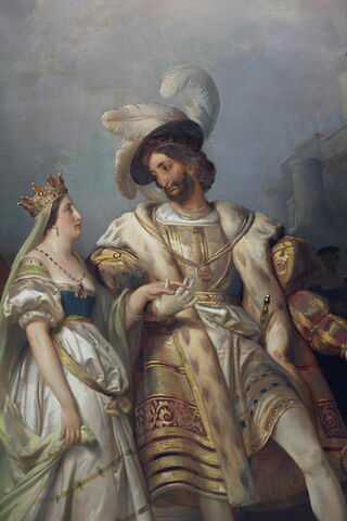 Plafond : François Ier, accompagné de la reine de Navarre, sa soeur, et entouré de sa cour, reçoit les tableaux et les statues rapportés d'Italie par le Primatice, image 10/22