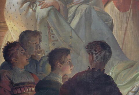 Plafond : François Ier, accompagné de la reine de Navarre, sa soeur, et entouré de sa cour, reçoit les tableaux et les statues rapportés d'Italie par le Primatice, image 11/22
