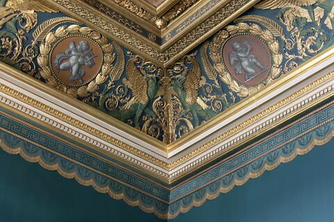Plafond : François Ier, accompagné de la reine de Navarre, sa soeur, et entouré de sa cour, reçoit les tableaux et les statues rapportés d'Italie par le Primatice, image 16/22
