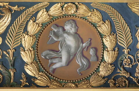 Plafond : François Ier, accompagné de la reine de Navarre, sa soeur, et entouré de sa cour, reçoit les tableaux et les statues rapportés d'Italie par le Primatice, image 20/22