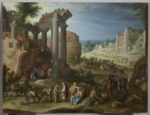 Ruines et figures. Marché dans un site inspiré par le Campo Vaccino à Rome