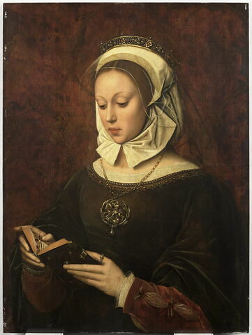 Jeune femme en oraison, lisant un livre d'heures
