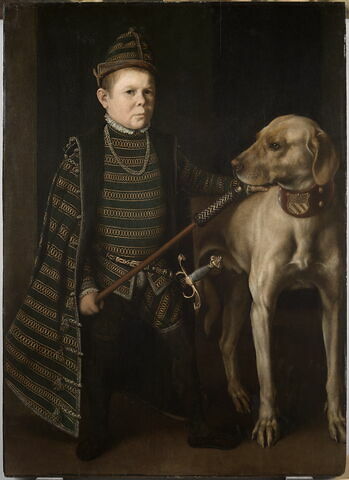 Portrait du nain du cardinal de Granvelle tenant un chien