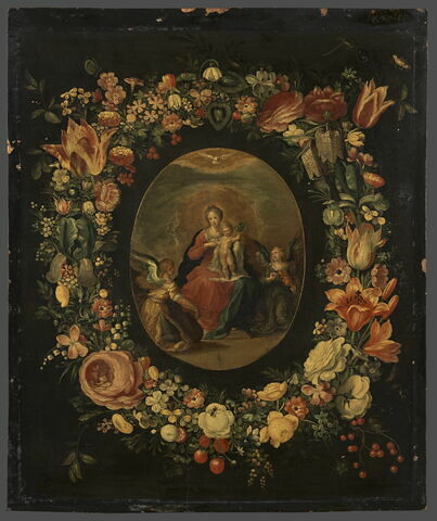 La Vierge et l'Enfant avec deux anges musiciens, entourés d'une guirlande de fleurs, image 1/3