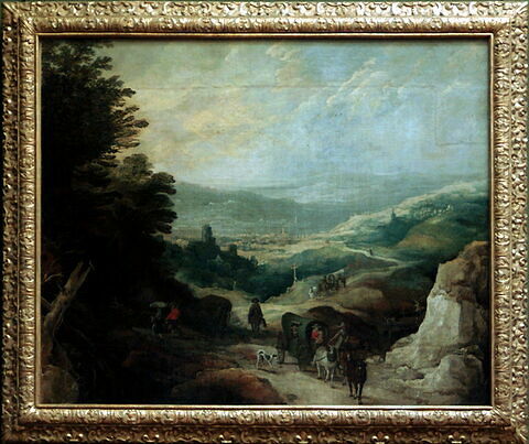 Paysage montagneux avec deux coches et un cavalier, image 2/2