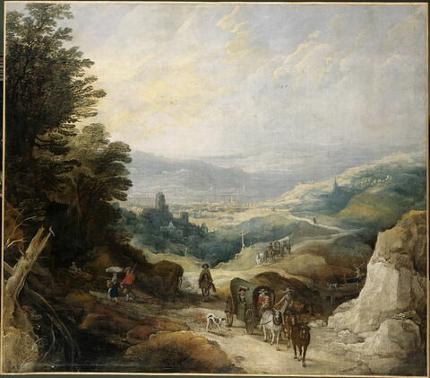 Paysage montagneux avec deux coches et un cavalier