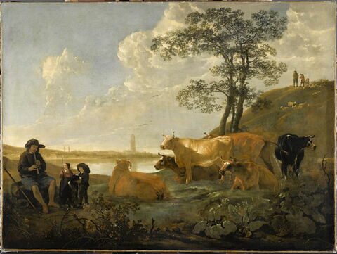 Paysage près de la ville de Rhenen : vaches au pâturage et berger jouant de la flûte