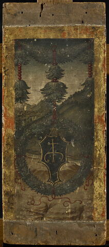 Blason inscrit dans une couronne de feuillage sur un fond de paysage, image 1/2