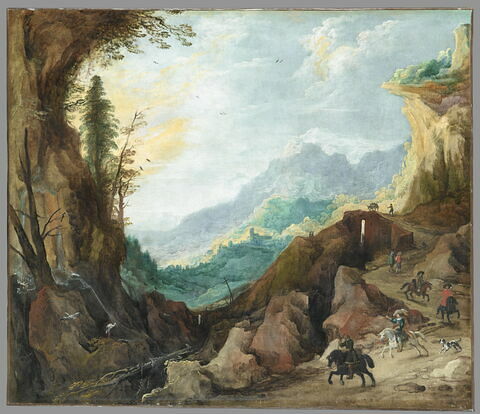 Paysage montagneux avec des cigognes, un pont et quatre cavaliers, image 1/2
