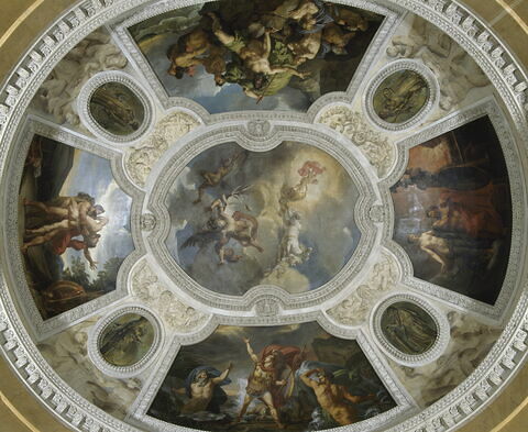 Plafond : L'Eau. Achille près d'être englouti par le Xanthe et le Simoïs,irrités du carnage qu'il a fait des Troyens., image 2/2