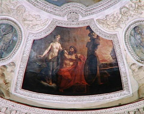 Plafond : Le Feu. Vénus recevant des mains de Vulcain les armes qu'il a forgées pour Énée.