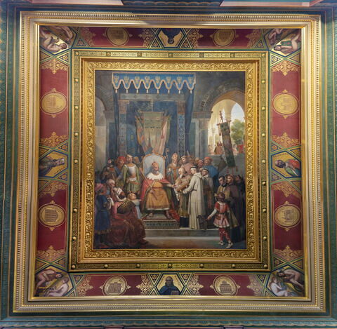 Plafond : Charlemagne, entouré de ses principaux officiers, reçoit Alcuin qui lui présente des manuscrits, ouvrage de ses moines, image 2/37