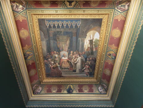 Plafond : Charlemagne, entouré de ses principaux officiers, reçoit Alcuin qui lui présente des manuscrits, ouvrage de ses moines, image 3/37