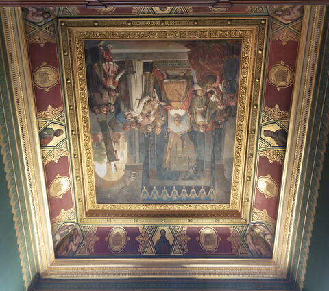 Plafond : Charlemagne, entouré de ses principaux officiers, reçoit Alcuin qui lui présente des manuscrits, ouvrage de ses moines, image 4/37
