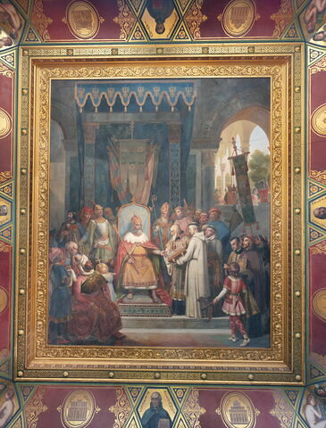 Plafond : Charlemagne, entouré de ses principaux officiers, reçoit Alcuin qui lui présente des manuscrits, ouvrage de ses moines, image 5/37