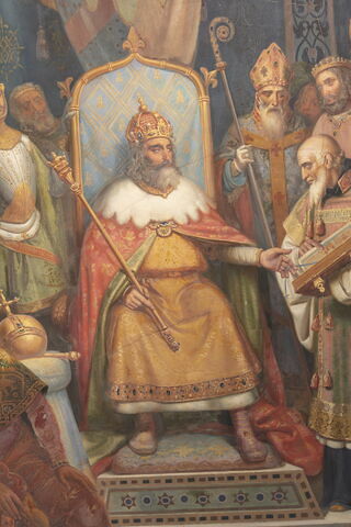 Plafond : Charlemagne, entouré de ses principaux officiers, reçoit Alcuin qui lui présente des manuscrits, ouvrage de ses moines, image 6/37