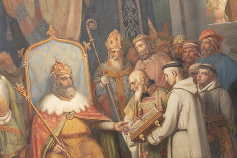 Plafond : Charlemagne, entouré de ses principaux officiers, reçoit Alcuin qui lui présente des manuscrits, ouvrage de ses moines, image 7/37