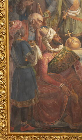 Plafond : Charlemagne, entouré de ses principaux officiers, reçoit Alcuin qui lui présente des manuscrits, ouvrage de ses moines, image 9/37