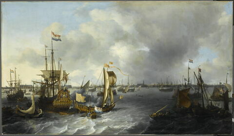 Vue d'Amsterdam avec bateaux sur la baie de l'Ij, image 1/3