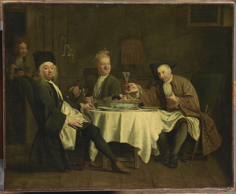 Le poète Piron (1689-1773) à table avec ses amis Vadé et Collé. ou: Les Buveurs de vin, image 1/1