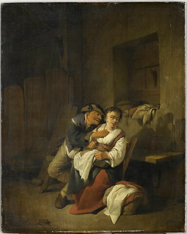 Vieillard lutinant une jeune femme dans un intérieur rustique