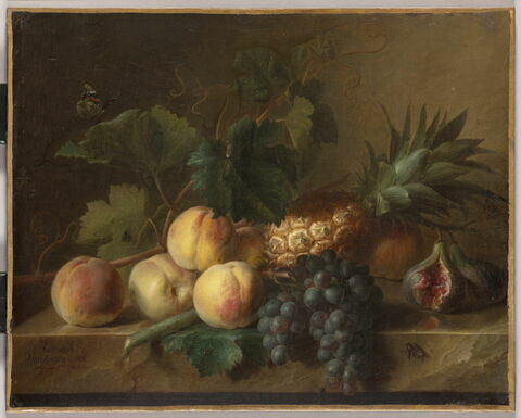 Pêches, raisins et ananas sur une table de pierre, image 1/3